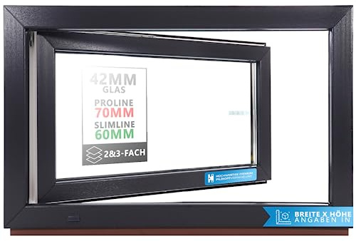 Kellerfenster Kunststofffenster anthrazit, BxH: 85 x 40 cm / 850 x 400 mm Verglasung (32 mm) Dreh-Kipp inkl. Pilzkopfverriegelung, DIN Rechts (Griff Links), 60 mm Profil