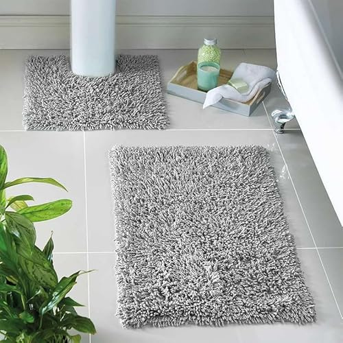 Non Slip Loop Bath Mat Set Silver (2 Piece) Memory Foam Rug Indoor Water Door Mats | Plush Microfiber Toilet Mat Thick Rubber Luxury Chenille - Washable Shower Carpet