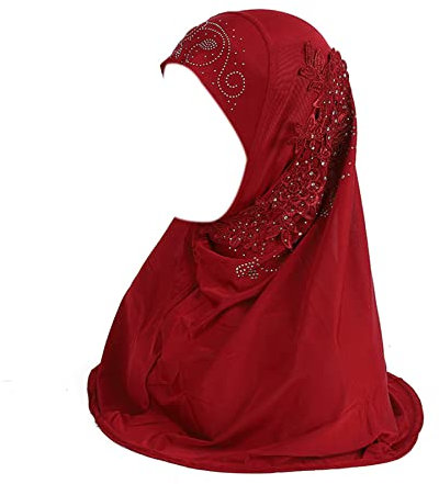 Einteiliger Kopftuch, Schal mit Strasssteinen, muslimischer Hijab-Spitzenapplikation, Weinrot, Einheitsgröße