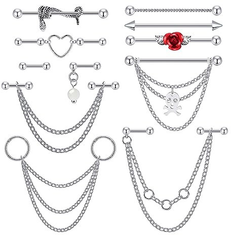 Longbeauty 14G 16G Ohrenpiercing Set Helix Ohrstecker Ohrringe Industrial Barbells Knorpel Tragus Cartilage Rook Piercing Studs, 11 Stk, Silber