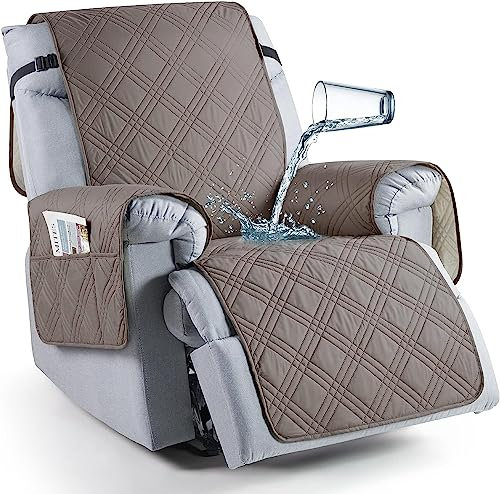 LINGKY Sesselschoner für Fernsehsessel, 100% Wasserdicht 1 Sitzer Sesselschoner, Anti-Rutsch Sesselauflage Relax mit Taschen Waschbar Sessel Überwürf Sesselbezug (Taupe,1-Sitzer)