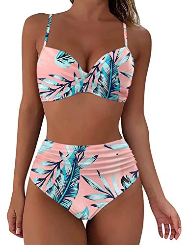 Women's Bikinis Set High Waisted Solid/Printed Ladies Bikini Set Push Up Vintage Beachwear Twist Front Bikini Top Pleated Tummy Control Tropical Beach Wear