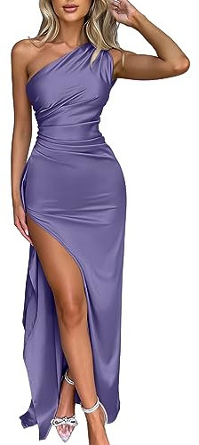 Memoriesea Maxi Vestito Sexy da Donna, Monospalla in Raso, con Spacco Alto, per Cocktail e Matrimoni, Viola, L