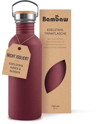 Bambaw Gourde 750 ml Métal, Gourde Sport Rouge, Bouteille d'Eau Non-Isotherme, Gourde Inox 750 ml, Gourde sans BPA, Gourde Réutilisable – Rouge Cerise
