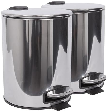 Harbour Housewares 5L Bathroom Bins - Chrome - Pack of 2 - Round Stainless Steel Pedal Bin Slim Kitchen Rubbish Trash Can Garbage Dustbin with Lid and Inner Liner Bucket