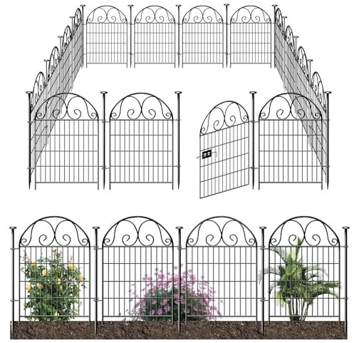 Getlay Tall Garden Animal Barrier with Gate, 36in(H)×30.6ft(L) 14 Panels Dog Digging Barrier, Black Heavy Duty Metal Temporary Defense Fence for Outdoor Yard