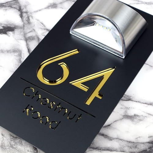 K Smart Sign | Bellissima LED F31 | Solar Light House Signs Door Number Plaques For Wall With Light Name Plaques For Outside (Matt Black & Gold Mirror)
