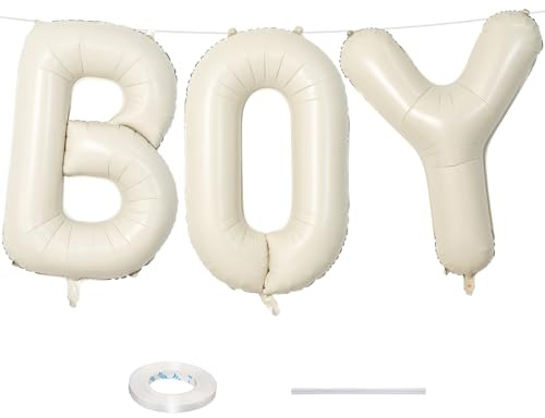 40 Inch Beige BOY Balloons, Large Cream White Sand BOY Balloon Letters with Ribbon, Ivory Alphabet Boy Balloon for Him Birthday Baby Boys Shower Boy or Girl Gender Reveal Party Decorations Supplies