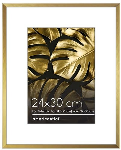 Americanflat Cadre Photo Aluminium 24x30 cm Doré - Cadre A5 avec Passe-Partout ou 24x30 cm sans Passe-Partout - Verre Antichoc, Chevalet & Matériel de Suspension Intégré pour Mur et Surface Plane