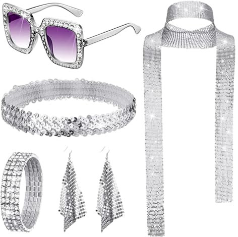 Nixieen 70er-Jahre-Accessoires Damen,Disco-Accessoires Damen,Discokugel Ohrringe Halskette Armbänder | Stirnband, Paillettenschal, Armband und Sonnenbrille für Disco-, Klassenkameraden, Kollegen