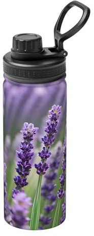 Hervidor de agua aislado deportivo con flores de lavanda morada, 18 onzas, botella de agua de acero inoxidable, taza portátil para gimnasio