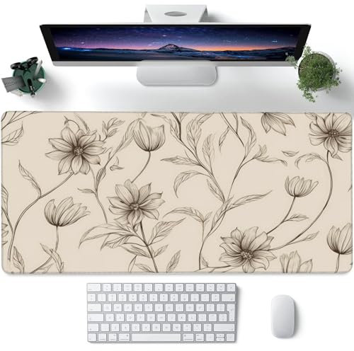 Grand tapis de souris XXL, motif fleurs minimalistes, tapis de bureau pour bureau, sous-main pour clavier d'ordinateur étendu, base antidérapante et bords cousus, 90 x 40 cm