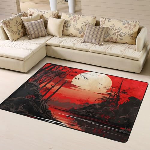 Mexpekil Bambus-Teppich, Motiv: Sonnenuntergang, 120 x 160 cm, rutschfester Teppich für Wohnzimmer, Schlafzimmer, waschbar, große Matte, moderne Heimdekoration für drinnen und draußen, 120 x 160 cm