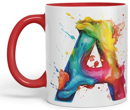 Vixar Letter A Mug, Alphabet Letter A Monogram Watercolour Ceramic Coloured Mug Cup for Tea Coffee Hot Brew 330ml 11Oz Gift (Red)