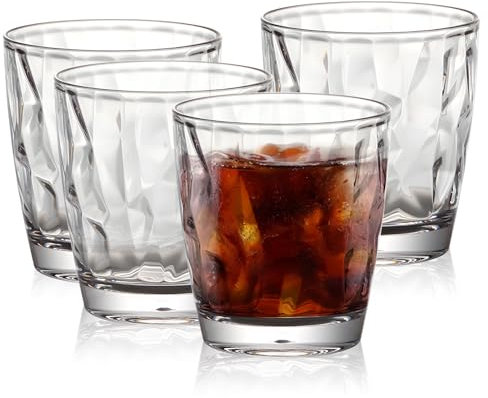 Plastic Tumblers for Adults, Unbreakable & Reusable Whiskey Glasses, 300ml×4 Portable & Stackable Drinking Cups for Picnics/Camping, Dishwasher Safe, for Cocktail/Wine/Water/Juice (Transparent)