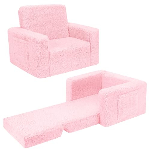 SLIGUY Canapé convertible en chaise longue pour tout-petit, housse Sherpa rose foncé
