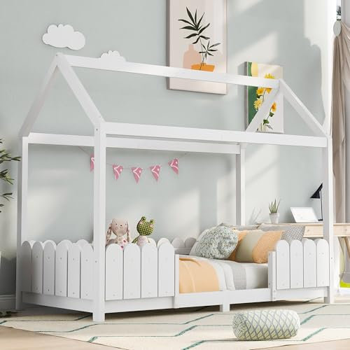 TIZZ Hausbett vielseitiges,Holz Kinderbett für Jungen & Mädchen,Mit Rausfallschutz und Lattenrost, 90x200 cm (Ohne Matratze) (Weiß)