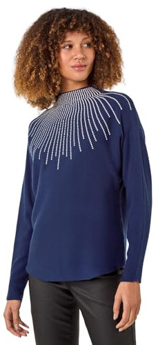 Roman Originals Diamante Sequin Jumper for Women UK Ladies Sparkly Glitter Sweater Embellished Smart Casual Autumn Winter High Neck Knitwear Knitted Pullover - Dark Blue Sparkle - Size M