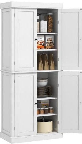 HOMCOM Mobile Cucina Alto con 6 Ripiani e 2 Ante, Armadio Dispensa con Ripiani Regolabili in Legno, 76x40.5x184 cm, Bianco