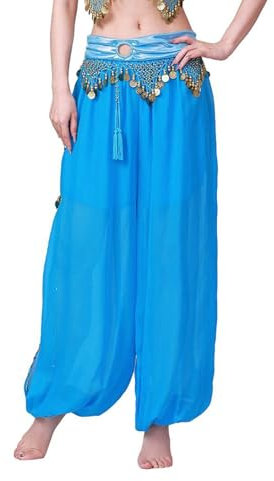 Hotfiary Frauen Bauchtanz Haremshosen, Seite Split Goldene Münze Quaste Chiffon Laterne Hose, Tribal Dance Kostüm Baggy Hosen, Arabisch Halloween Cosplay Outfit