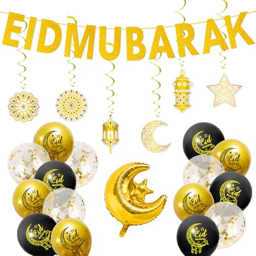 Eid Mubarak Dekorationen - Glitzer Eid Mubarak Banner, Eid Mubarak Hängender Wirbel, Eid Mubarak Ballon, Eid Dekorationen Home Hanging Streamer Hintergrund Islam Party Decor