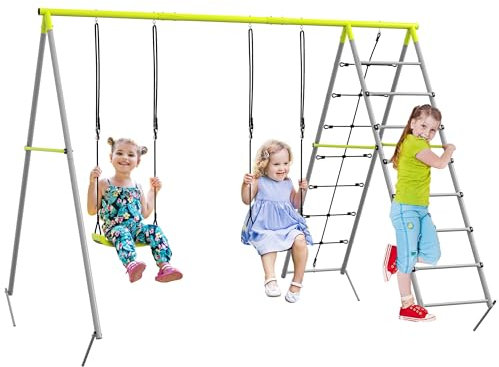 Outsunny Kinderschaukel-Set Schaukelgerüst mit Doppelschaukel, Sprossenleiter, Kletternetz, Gartenschaukel aus Metall, Stahl, Schaukelgestell für Kinder 3-8 Jahre, Grün