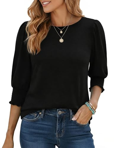 Aottori Womens 3/4 Sleeve Tops Crew Neck Summer Puff Sleeve T Shirts Plain | Lightweight stretch fabric, gathered puff detail, relaxed tunic length, easy work and weekend wear