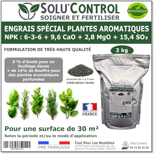 3 kg - Engrais Spécial Plantes Aromatiques NPK 6-3-6 - Favorise un feuillage dense, intensément parfumé et vigoureux - Utilisable en Agriculture Biologique (UAB) - Fabriqué en France