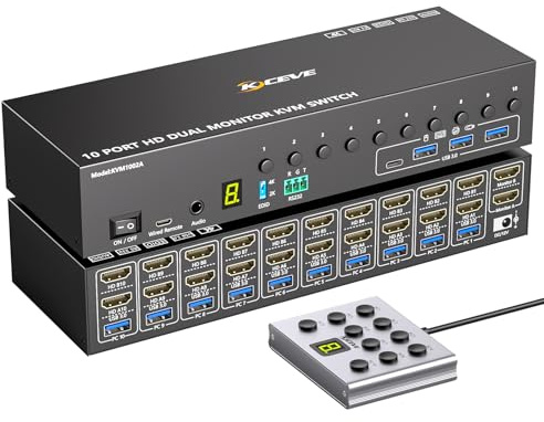 10 Port 8 Port HDMI KVM Switch 2 Monitore 10 PC 4K@60Hz EDID-Simulation, Dual Monitor KVM Switches mit 4 USB 3.0 Ports für Tastatur Maus, Audio RS232, mit Controller,12V Power und 10 USB-Kabeln