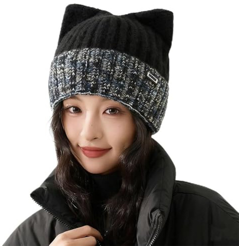 PengFaXin Damen Mütze mit Katzenohren, warm, Strickmütze, Fleecefutter, Thermo, weiche Strumpfkappe, Schwarz , Einheitsgröße