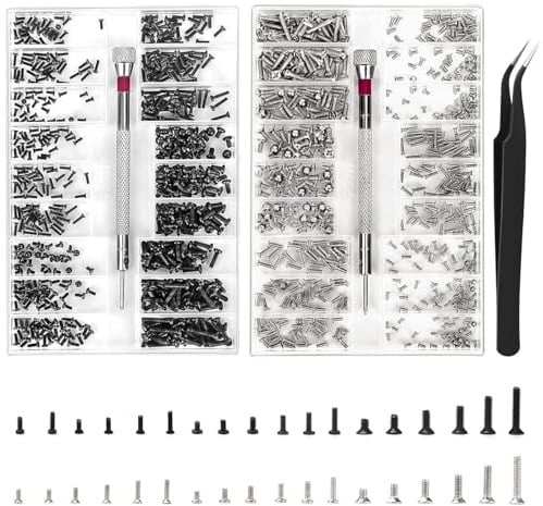 AUNHOKE Kleine Schrauben Set, 1000 Stück Winzige Reparaturschrauben | M1.2 M1.4 M2, Uhrenbrille Computer Ersatzschrauben mit Schraubendreher Pinzette für Brillen Schrauben, Uhren (M+O)