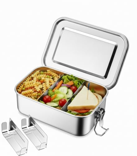 Ikruidy Fiambrera de Acero Inoxidable 850ml Recipiente para Aperitivos Lonchera Sellada a Prueba de Fugas con 2 Compartimentos e Fibbie a Scatto e Anello in Silicone para Camping Pícnic Viajes