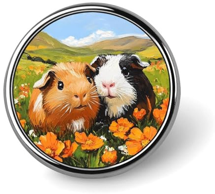 Meerschweinchen auf einer Blumenwiese – Anstecknadeln, runde Abzeichen, Dekoration mit Grafik für Hut, Kleidung und Tasche