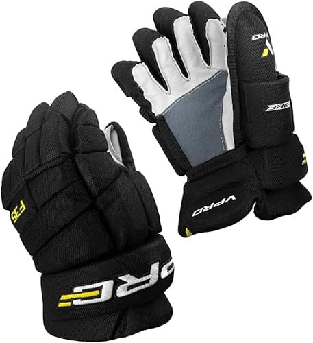 VPRO Ice Hockey Gloves - Black with White Accents, Nylon Shell with Shock Absorbing FoamSweat Absorbing Lining