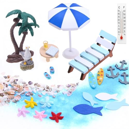 22 Stück Strand Mikrolandschaft, Strand Deko Miniatur Set, Mini Liegestuhl Kleine Tisch Schirm Palme Deko Sommer Mini Muschel Miniatur Dekoration Accessoires Für DIY Garten, Puppenhaus Dekoration