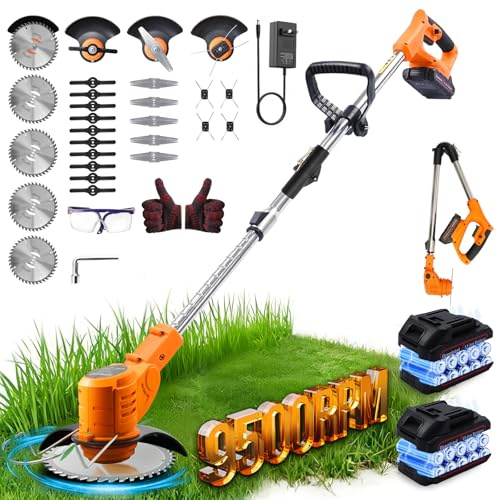 Grenintol Decespugliatore a Batteria 21V con 2 Batterie,Tagliabordi Regolabile 90°,Decespugliatore Elettrico,Rasaerba Portatile con 4 Tipi di Lame per Giardino, Prato, Cortile ed Erbacce