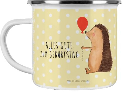 Mr. & Mrs. Panda Camping Emaille Tasse Igel Luftballon - Geschenk, Herzlichen Glückwunsch, Geburtstagskind, lustige Sprüche, Emaille Campingbecher,