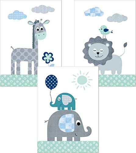 LALELU-Prints | A4 Bilder Kinderzimmer Poster | Zauberhafte Dschungel-Tiere mint | Babyzimmer Deko Junge Mädchen | 3er Set Kinderbilder (DIN A4 ohne Rahmen)