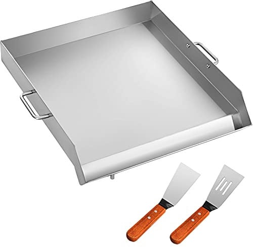 Chrisun Plancha Inox Barbecue à Charbon de Bois 46 x 40 x 8,6 cm Plaque Fonte en Acier Inoxydable Plancha à Gaz Plaque de Cuisson à Plat Extérieur Rainure à Graisse 6 KG 2 Pelles pour Four Restaurant