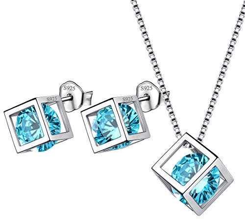 Aurora Tears März Birthstone Halskette Ohrstecker 925 Sterling Silber Blau Aquamarin Quadrat Geburtsstein Schmuck Set für Frauen und Mädchen DS0028M