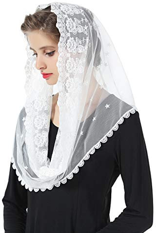 BEAUTELICATE Damen Mantilla Katholisch Schleier Spitze Kapelle Schal Stola Kopfbedeckung Spitze Schwarz Weiß für Katholischen Kirche Latin Mass kirchliche Hochzeit Braut V104 Weiß