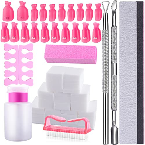SIQUK Nail Polish Remover Kit with Finger Toe Nail Clips, Wipe Cotton Pads, Nail Files Buffer Block, Triangle Cuticle Peeler, Cuticle Pusher, Toe Separator, Nail Brush and Push Down Dispenser Bottle
