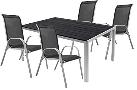Mojawo 5er Set Alu Silber Gartenmöbel Gartengarnitur Non Wood Schwarz 150x90x74cm + 4 Stapelstühlen Textilen