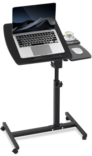 Warmiehomy Laptop Stand on Wheels, Portable Height Adjustable Rolling Cart, Mobile Workstation Computer Desk, Sofa Side End Table With Mouse Tray, 60 x 40 x 65-95cm, Black