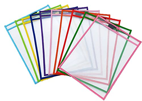 10Pcck Reusable Dry Erase Pockets, Assorted Colors Sheet Protectors 13.58x10.04x0.01 Inch Write and Wipe Clean Pockets for School Student & Office Work