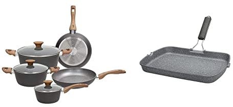 Tognana V779116Grst Batteria 8 Pezzi Great Stone, Alluminio Forgiato & Grill Rettangolare Con Manico Pieghevole Mythos, Alluminio, Grigio, 1