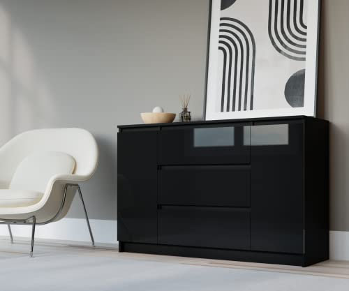 3E 3xE living.com Kommode 120 cm in Schwarz & Schwarz in Hochglanz - 120 x 78 x 39 cm (B/H/T)