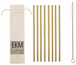 Lot de pailles en acier inoxydable, incassables, réutilisables, passent au lave-vaisselle, sans plastique, EKM Living GmbH (doré torsadé, 8)