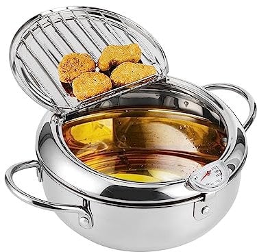 304 Stainless Steel Deep Fry Pot,Tempura Fryer with Thermometer,Lid and Oil Drip Drainer Rack,Japanese Style Uncoated Frying Pan for Kitchen French Fries, Fish,Shrimp and Crispy Meat(20cm)