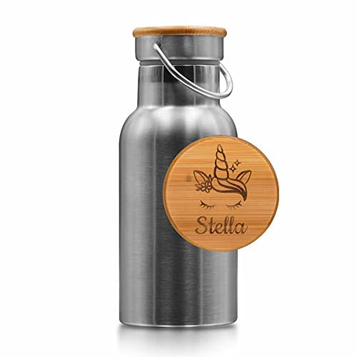 Personalisierte Edelstahl Trinkflasche Einhorn Mädchen - Kindertrinkflaschen aus Metall mit Namen - nachhaltige Getränkeflasche mit Holz Deckel plastikfrei – Wasserflasche für Kindergarten Schule
